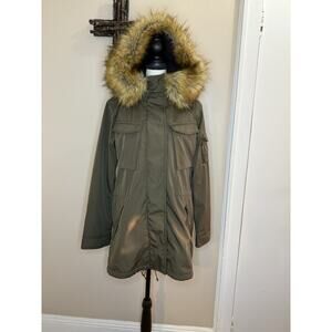 13 NYC Parka Jacket Women Size Small Green Full Zip Fur Trim Hooded Drawstring